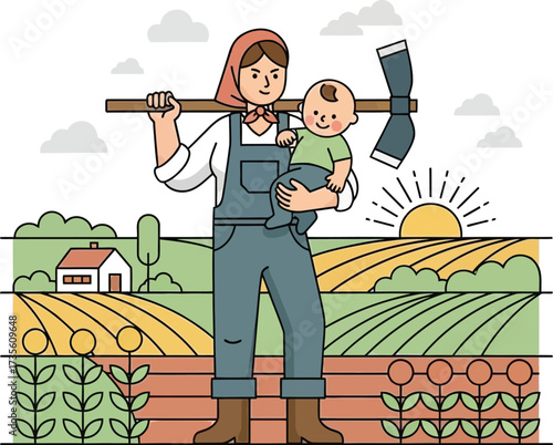Woman farmer holding baby and farming tool in field with house and sun art
