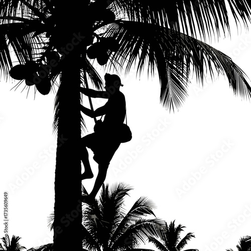 Silhouette of Man Climbing Tropical Coconut Palm Tree to Harvest Coconuts

