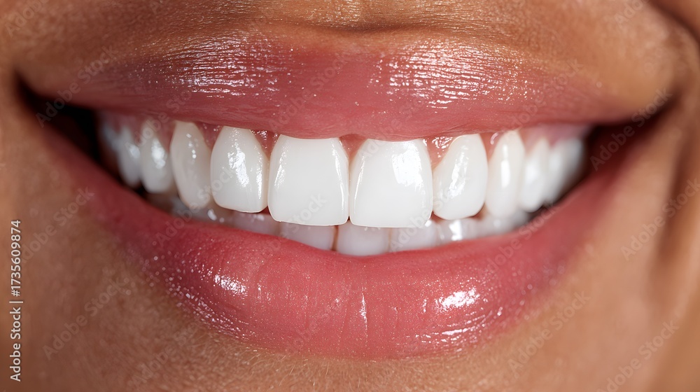 Fototapeta premium Perfect dental care concept with close-up of white teeth.Happy person smiling with clean and healthy teeth.Perfectly aligned teeth and beautiful lips close-up.