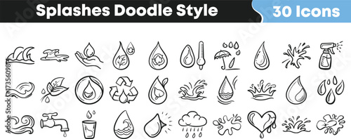 Water splash doodle icons set with drop wave rain liquid recycle drip faucet glass cloud spray heart hand drawn collection
