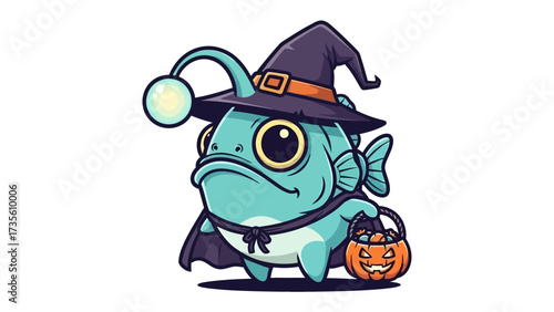 Halloween Angler Fish Mascot: A whimsical angler fish is joyfully embracing the spirit of Halloween with a witch hat and holding pumpkin basket in a vibrant cartoon illustration.