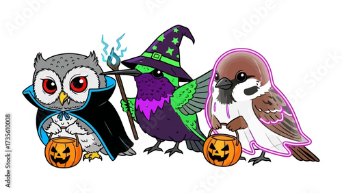 Spooky Friends' Trick-or-Treat Adventure: An enchanting illustration of a trio of feathered friends ready for a festive Halloween adventure.