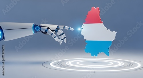 Robotic hand interacts with futuristic luxembourg map displayed on digital platform