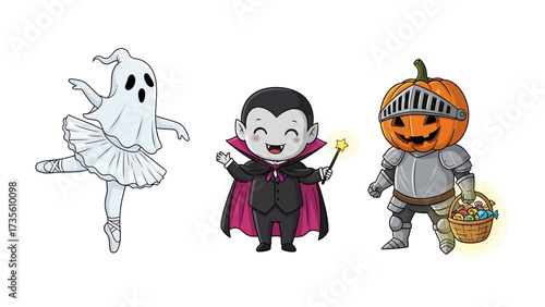 Halloween Costume Characters: An enchanting visual of three iconic Halloween figures: a graceful ghost dancer, a jovial vampire with a magic wand, and a knight with a pumpkin head holding treats.