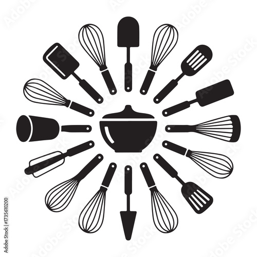 Cooking tools vector set with whisk and spatula