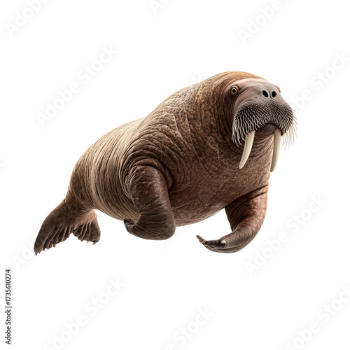 Png of walrus swimming gracefully in clear water, isolated on transparent background, showcasing its impressive tusks