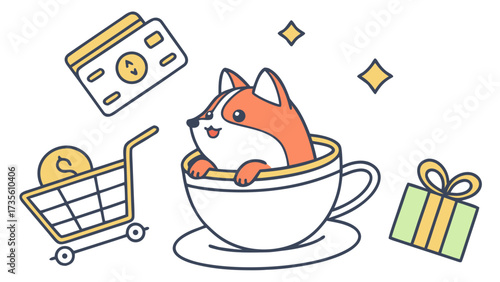 Vector illustration of a Dreamy Shiba inu with in a teacup, styled in a Black Friday / Cyber Monday theme using Shopping Spree colors