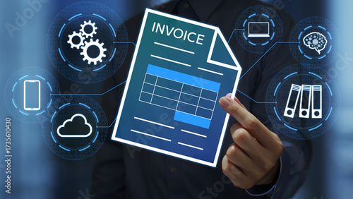 Digital invoice automation. Tax compliance and management platform. Businessperson holding an electronic invoice file icon.