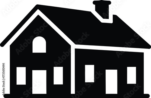 Simple black silhouette of a two story house with chimney