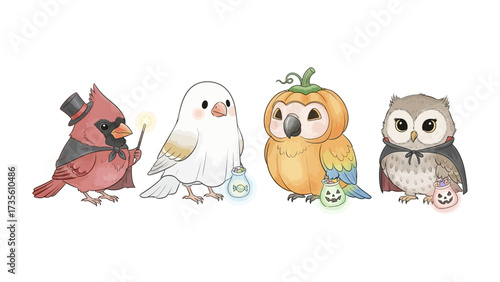Spooky bird in Halloween style: four cute, colorful birds in festive Halloween costumes, offering an appealing scene of spooky fun.