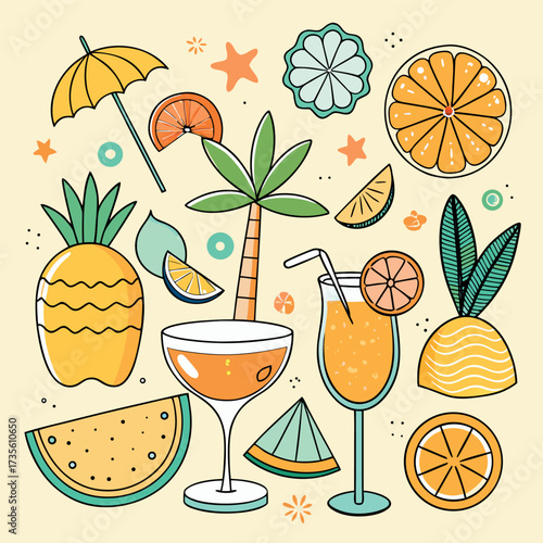 Colorful doodle illustration of tropical drinks, citrus fruits, palm leaves, and summer vibes