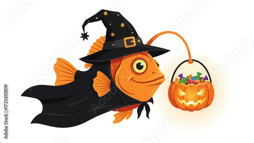 Spooky Fish's Halloween: A whimsical and charming illustration of an orange fish dressed up in a Halloween witch costume, holding a jack-o'-lantern candy bucket.