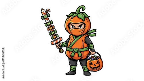 Halloween Pumpkin Ninja: A playful and festive illustration depicts a ninja dressed as a pumpkin, ready for Halloween trick-or-treating with candy-sword.