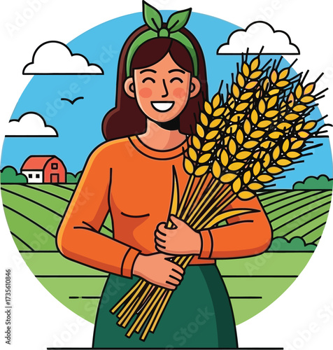 Smiling farmer woman holding wheat harvest in field with farm background