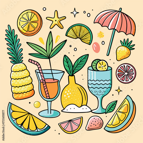 Colorful doodle illustration of tropical drinks, citrus fruits, palm leaves, and summer vibes