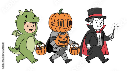 Halloween Trick-or-Treat: Three children in vibrant costumes, embracing the spirit of Halloween as they go trick-or-treating, with their baskets and whimsical attire.