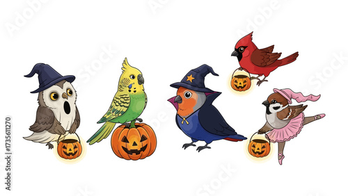 Halloween Avian Assemblage: A gathering of charming cartoon birds, adorned in whimsical Halloween costumes. The image evokes a sense of playful spooky delight, perfect for seasonal celebrations. 