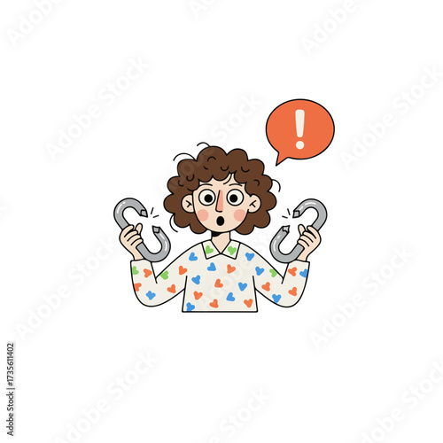 Frustrated person holding broken chain links, symbol of problem, failure, or disconnection, isolated for concepts