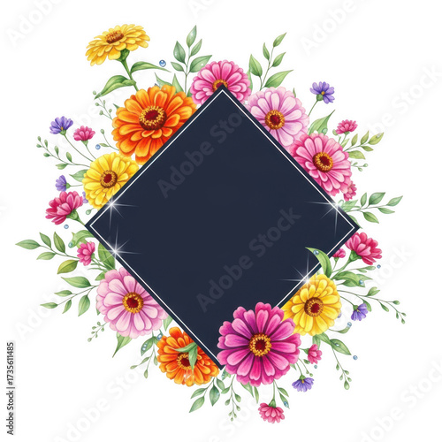 Beautiful colorful floral arrangement with dark diamond frame for text and design elements