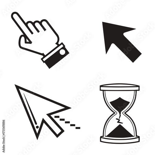 Collection of four black and white computer cursor icons including a pointing finger, an arrow, a pixelated arrow, and an hourglass with sand