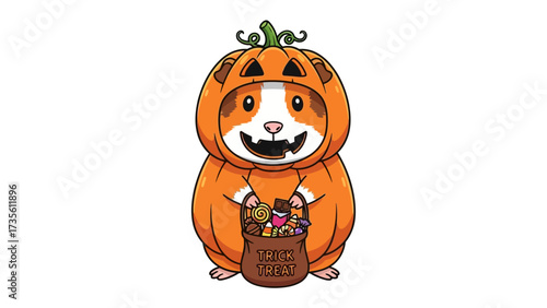 Hamster's Halloween Delight: Adorable hamster in a pumpkin costume holds a treat bag filled with goodies, bringing a dose of spooky charm and joy.