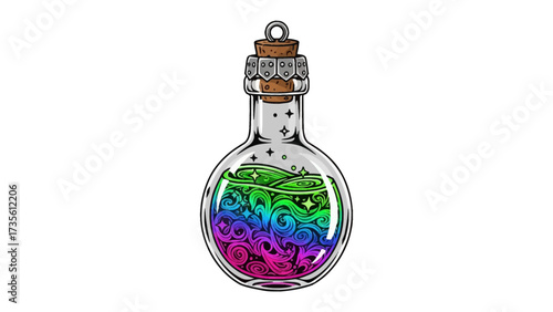 Enchanting Elixir: A whimsical illustration captures a bottle of multi-colored liquid potion, sealed with a cork, and suspended with an elegant loop, a symbol of magic and mystery.