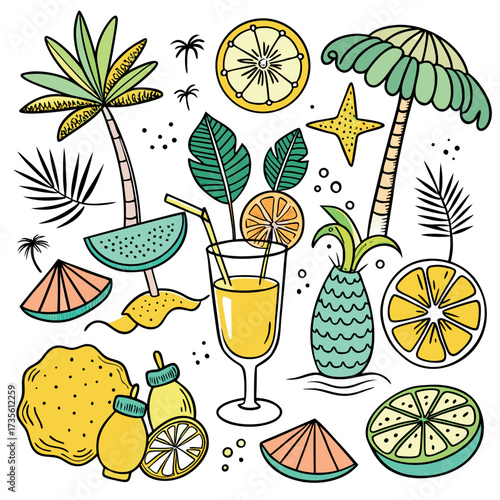 Colorful doodle illustration of tropical drinks, citrus fruits, palm leaves, and summer vibes