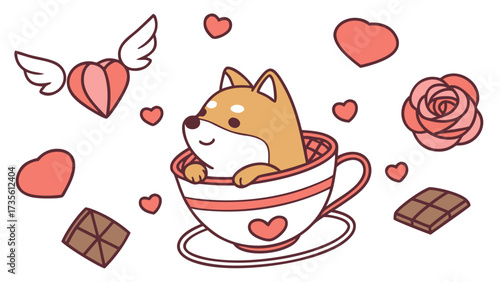 Valentine Blush colored Shiba inu with a Funny touch, placed in a Valentine theme and styled with in a teacup