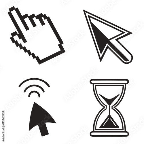 Collection of four computer cursor icons: a pixelated hand, a stylized arrow, an arrow with radiating signals, and an hourglass timer on a white background