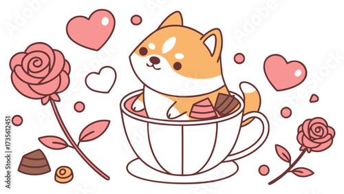 Valentine Blush colored Shiba inu with a Grumpy touch, placed in a Valentine theme and styled with in a teacup