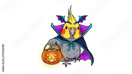 Halloween Cockatiel: A charming illustration depicts a cockatiel in a delightful Halloween costume, complete with a bat-winged cape and a festive pumpkin pail, embodying the spirit of the season.