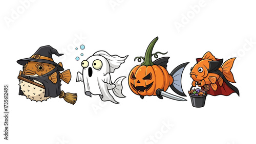 Whimsical Halloween Fish: A collection of creatively illustrated fish dressed up in spooky Halloween costumes, embodying the fun and spirit of the season. 