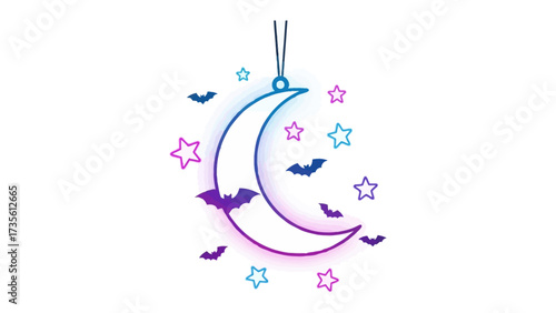Whimsical Moon Decoration: A charming illustration of a crescent moon, adorned with stars and bats, is perfect for adding a touch of magic to any design.