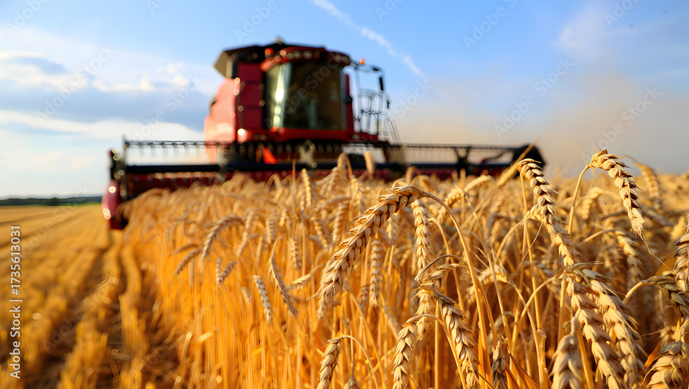 Fototapeta premium Combine Harvester in a Field: Wheat Harvest at Sunset