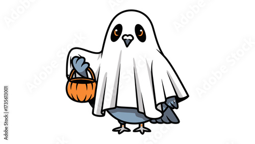 Spooky Bird: A charming cartoon illustration of a Halloween-themed pigeon, adorned in a playful ghost costume, ready for trick-or-treating.