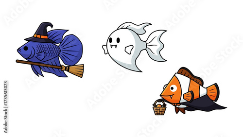 Halloween Fish: A trio of aquatic creatures dressed in festive Halloween costumes, including a witch, a ghost, and a trick-or-treater, brings the spirit of the holiday to life through imaginative art.