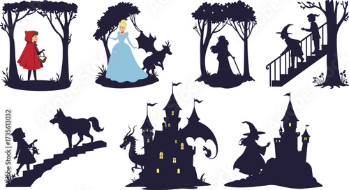 Fairy tale silhouettes, fantasy scene, dragon, castle, witch, wizard, Little Red Riding Hood, forest, staircase, magic, folklore, enchanted, mythical, storybook, 