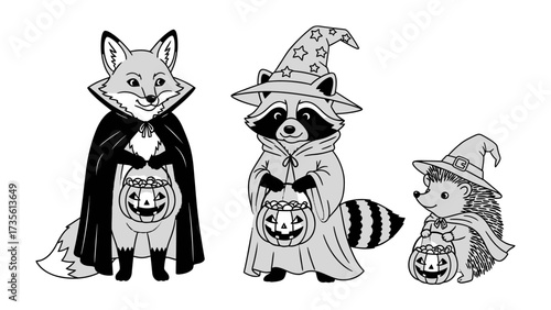 Halloween Animals: A captivating Halloween illustration presents a fox, raccoon, and hedgehog, each donned in whimsical costumes, ready for trick-or-treating with pumpkin baskets.