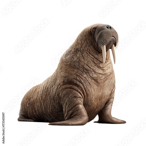 Png of walrus isolated on transparent background, a large marine mammal with tusks, whiskers, and blubber, sitting on the ground