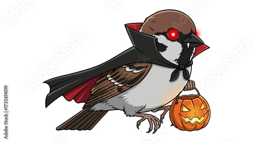 Spooky Sparrow's Halloween: A digitally illustrated bird dressed as a vampire carries a jack-o'-lantern, creating a whimsical and eerie scene.