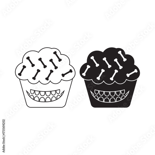 spooky halloween cupcakes with bone toppings and toothy grins – black and white vector icon for creepy desserts.