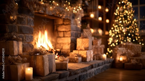Festive cozy home interior in holiday mood.

Glowing Christmas lights and wrapped gifts near the fire.