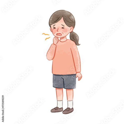 Watercolor illustration of a girl coughing into her hand showing sickness, flu, or respiratory discomfort