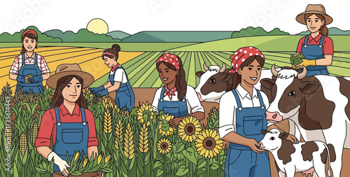 Women farmers tending crops and livestock on a sunny day at the farm land