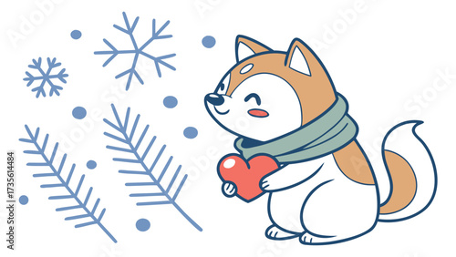 Whimsical Shiba inu feeling Bashful in a Winter setting with holding a heart – colored in Winter Wonderland
