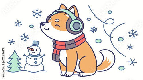 Bashful expression on a Shiba inu in a Winter theme, with wearing headphones – Winter Wonderland vector art