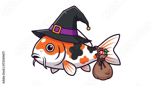 Koi Fish in Witch Hat : An adorable koi fish wearing a whimsical witch hat, carrying a bag of treats. A playful scene for Halloween, captures the festive spirit of the season