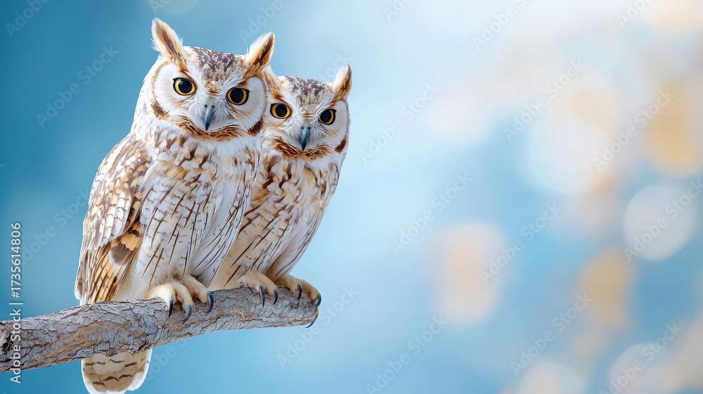 Obraz premium Two owls perched branch, showcasing their striking features and captivating gaze against soft blue background. Their presence evokes sense