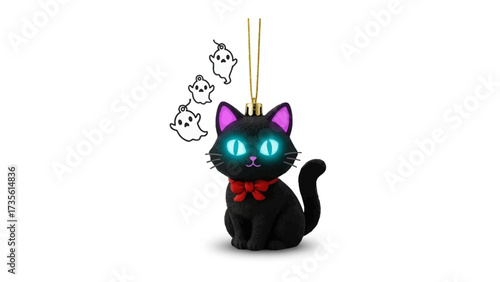 Enchanting Halloween Decoration: A festive Halloween decoration, features a charming black cat with glowing eyes and a playful red bow. Cute ghost float around. The ideal choice for Halloween decor
