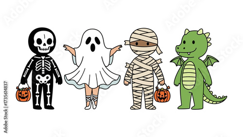 Spooky Squad: A playful illustration featuring four adorable characters dressed up in Halloween costumes: a skeleton, a ghost, a mummy, and a dragon, each holding a festive pumpkin lantern. 